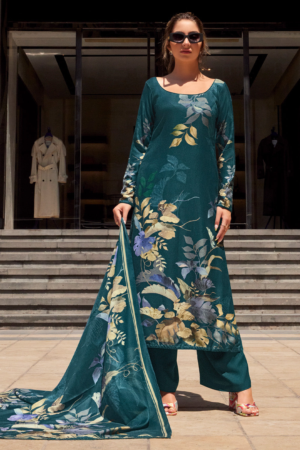 Teal Blue Color Spun Floral Printed Unstitched Suit