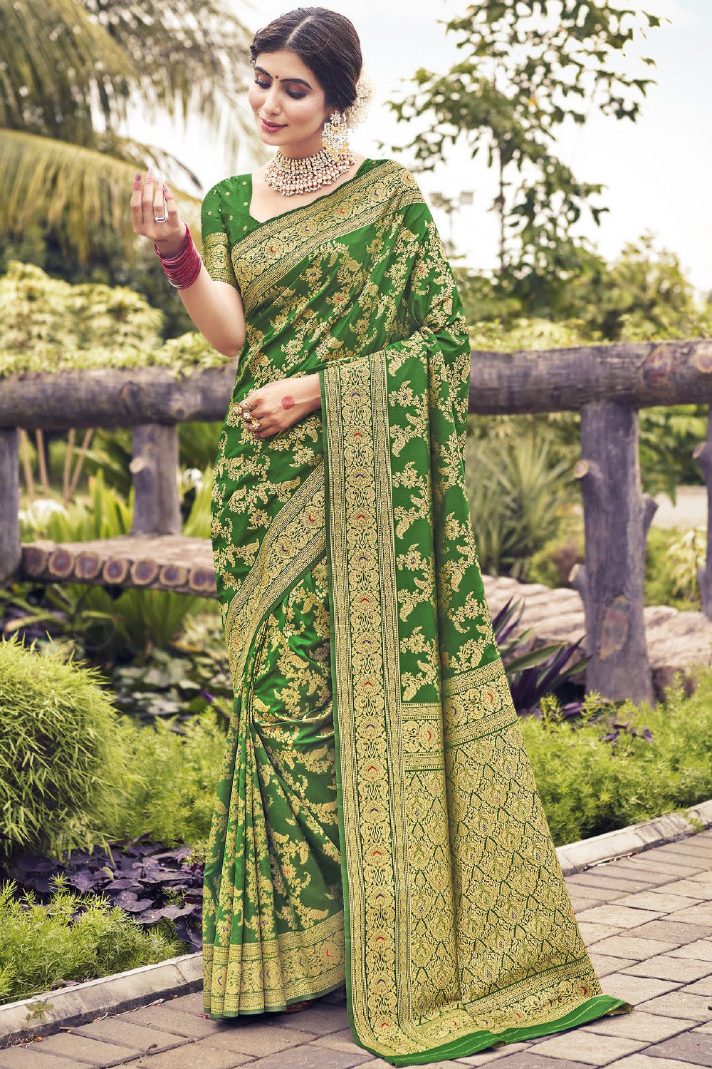 Green Color Pathani Work Banarasi Silk Saree