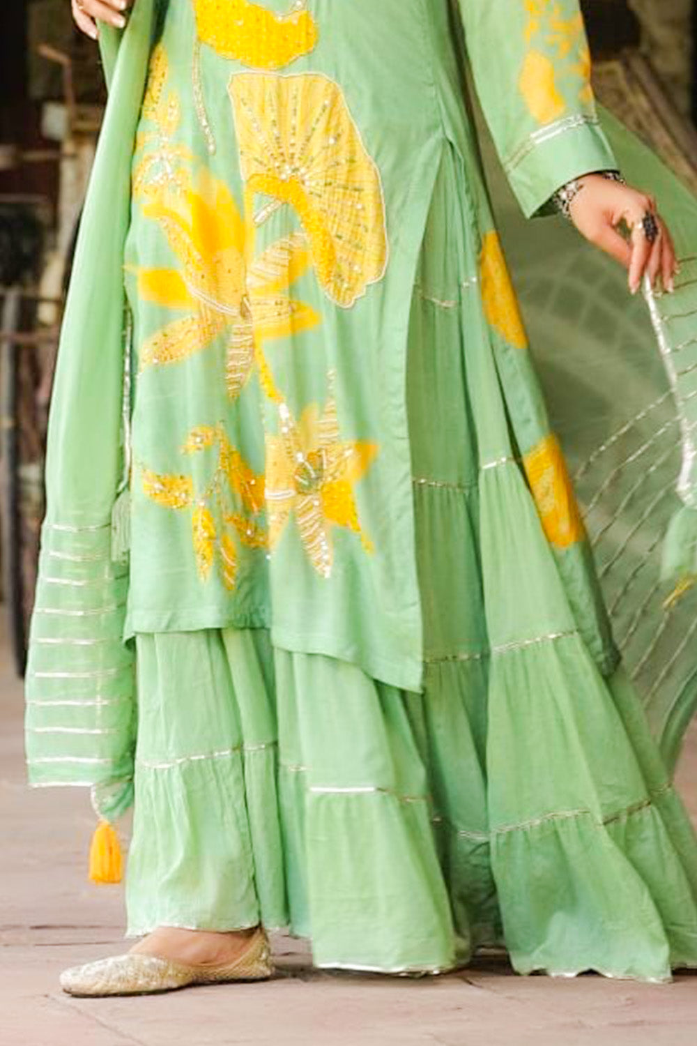 Pale Olive Color Muslin Printed Kurta Set With Attached Skirt