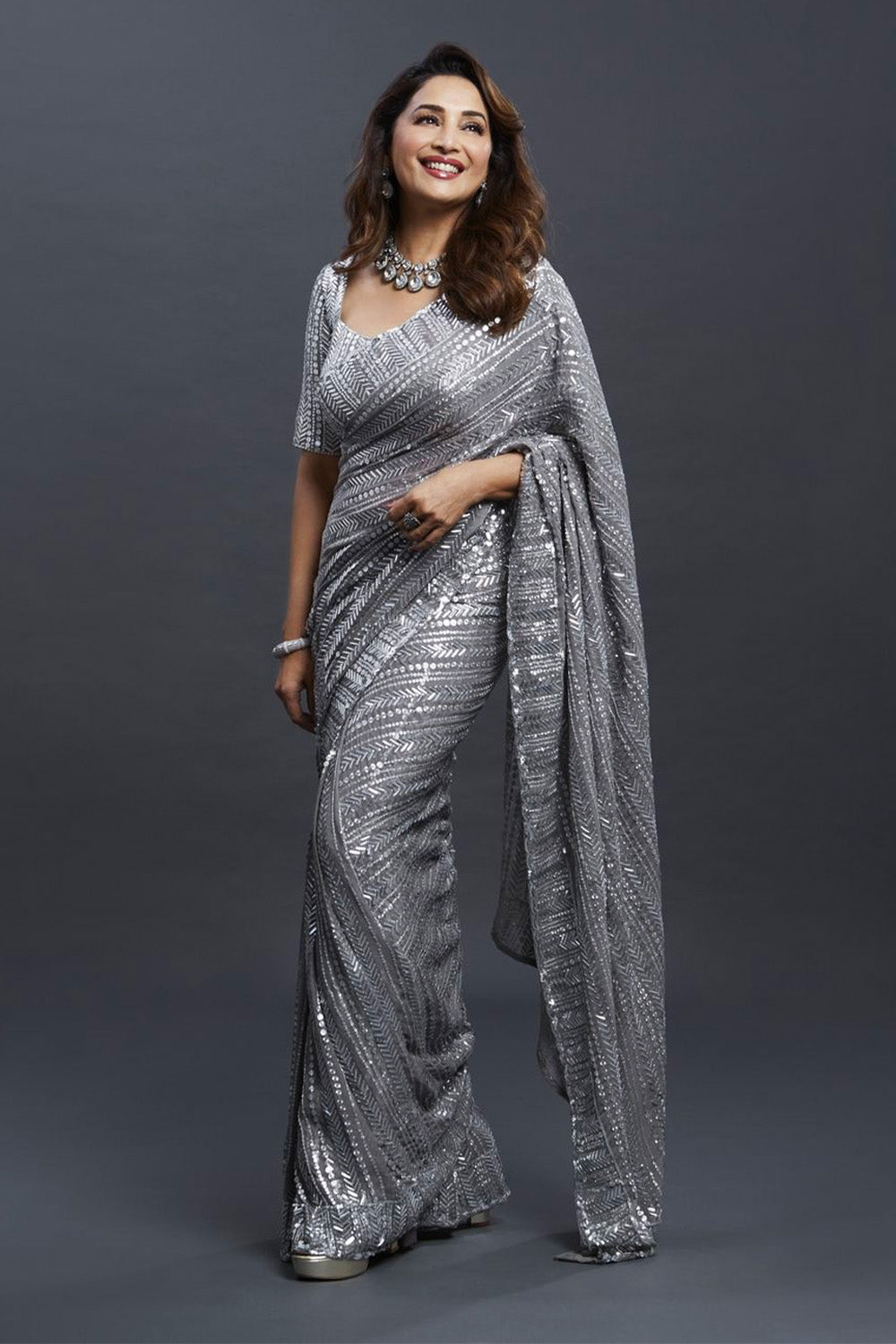 Grey Colour Sequins Work Georgette Saree.