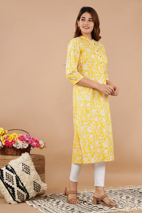 Yellow Colour Cotton Printed Long Kurti