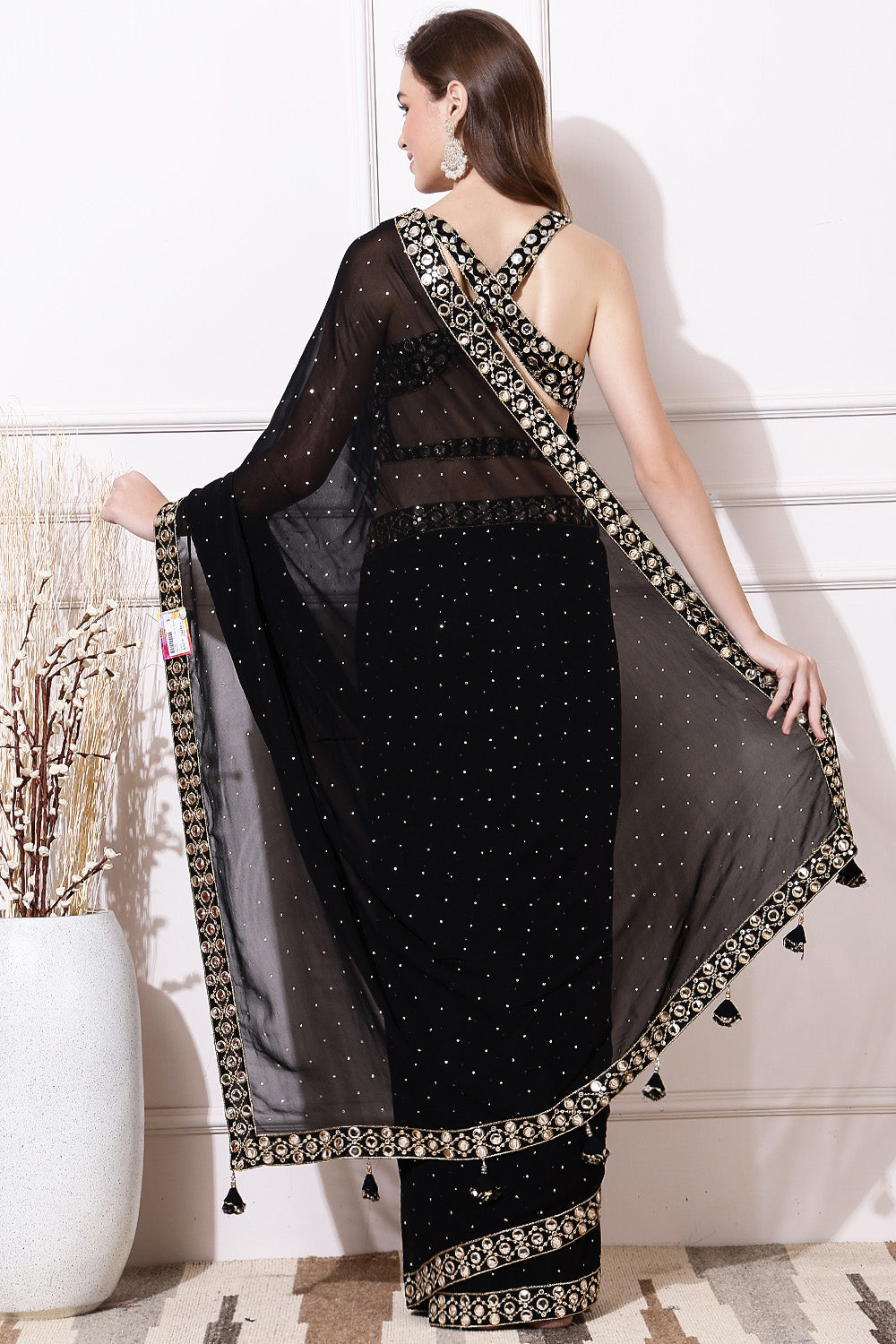 Black Color Georgette Mukesh Work and Mirror Work Saree with Readymade Blouse