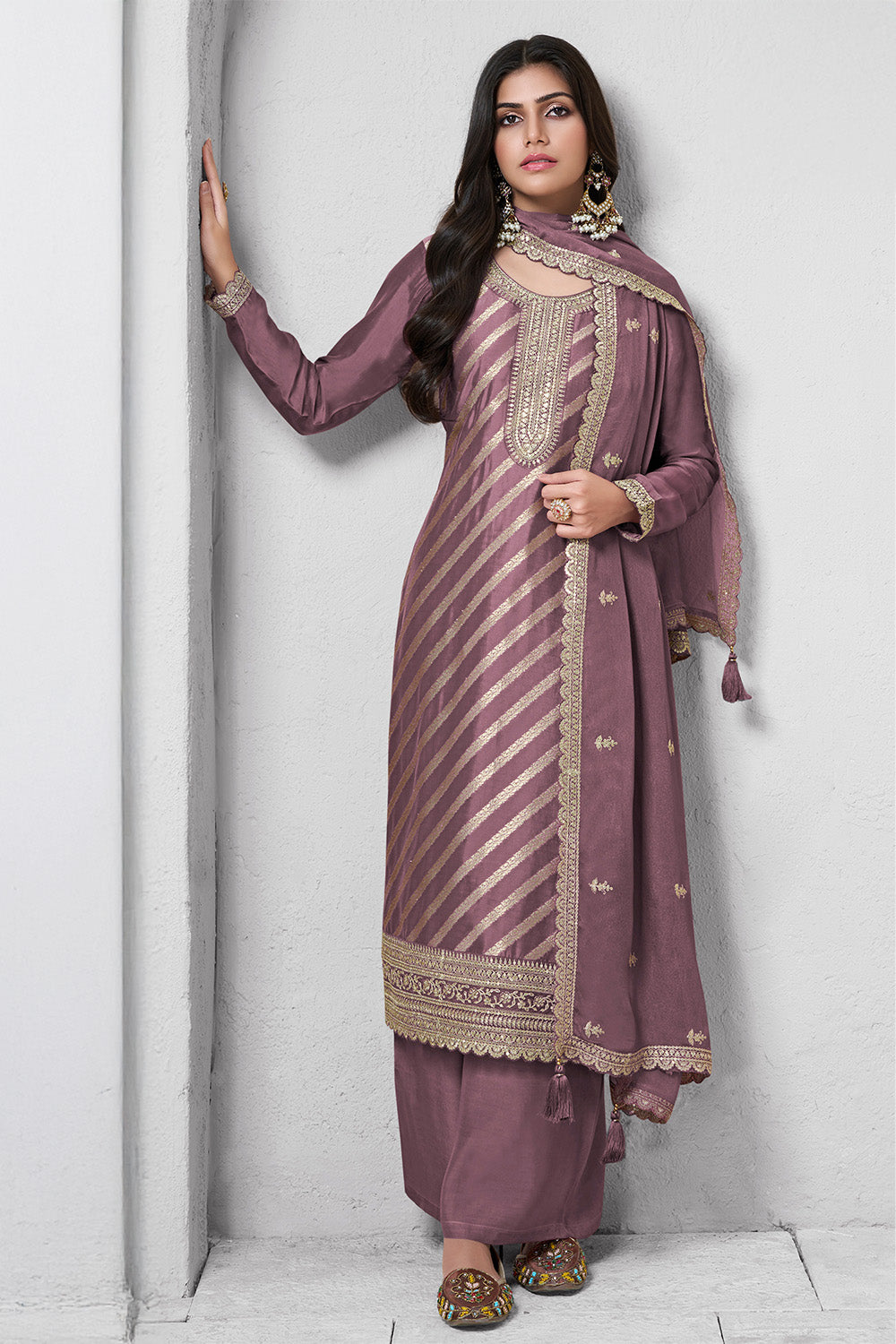 Mauve Color Organza Zari Woven And Embroidered Unstitched Suit Material.