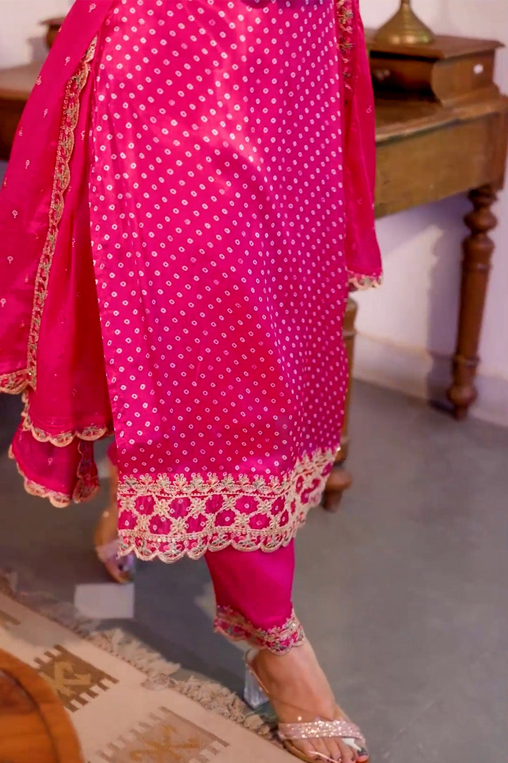 Fuchsia Pink Color Embroidered Crepe Straight Suit