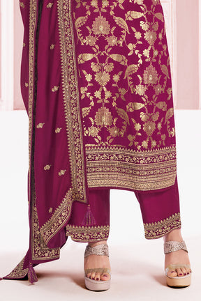 Magenta Color Zari Embroidered Banarasi Silk Unstitched Suit Fabric