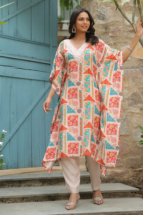 Beige Color Muslin Printed Kaftan Set