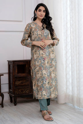 Beige & Grey Color Muslin Printed Straight Suit