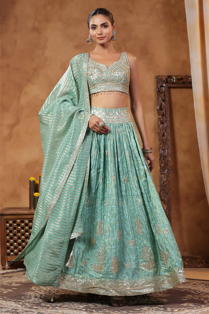 Turquoise Color Tissue Silk Embroidered Lehenga