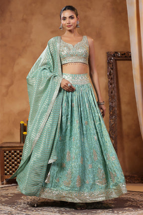 Turquoise Color Tissue Silk Embroidered Lehenga