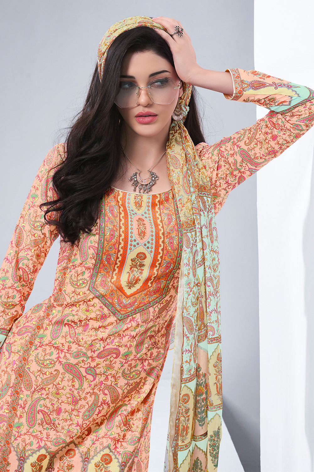 Peach Color Digital Printed Cotton Unstitched Suit Material