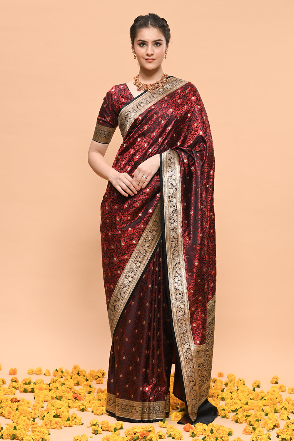 Black & Maroon Color Banarasi Silk Woven Saree