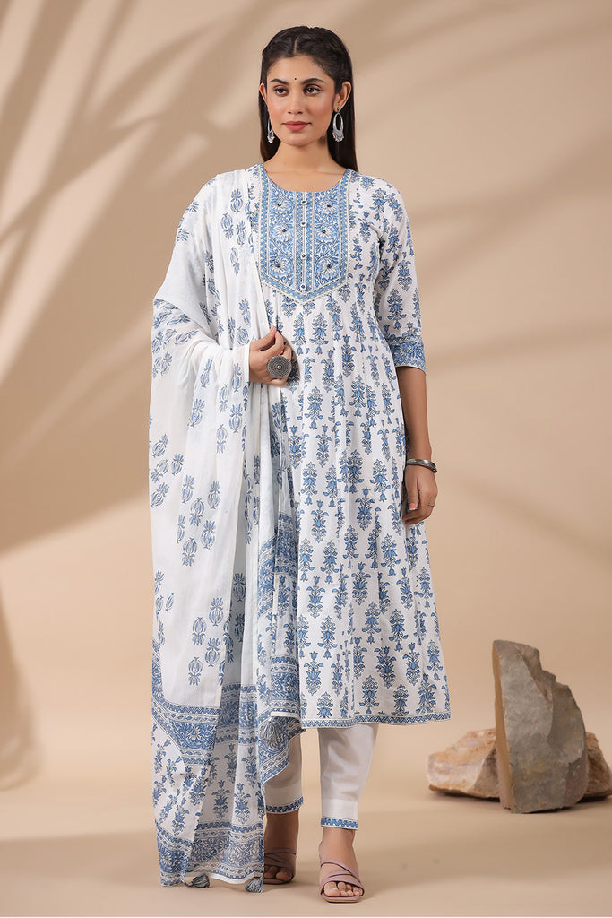 Cream & Blue Color Floral Printed Cotton Anarkali Suit