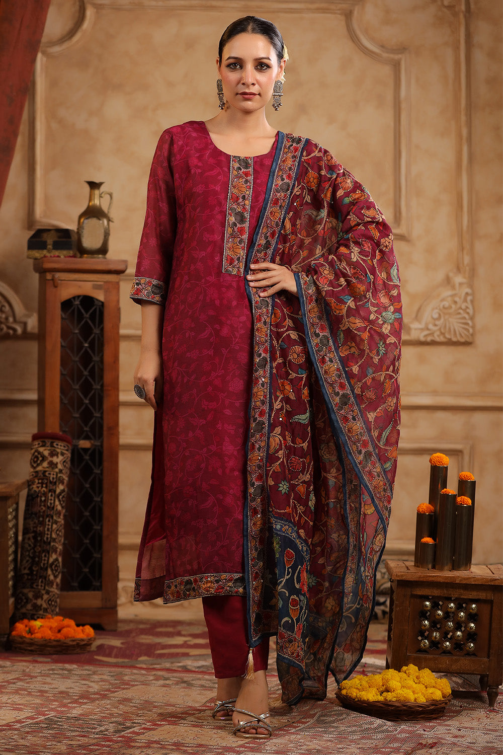 Dark Hot Pink Color Chanderi Floral Printed Suit