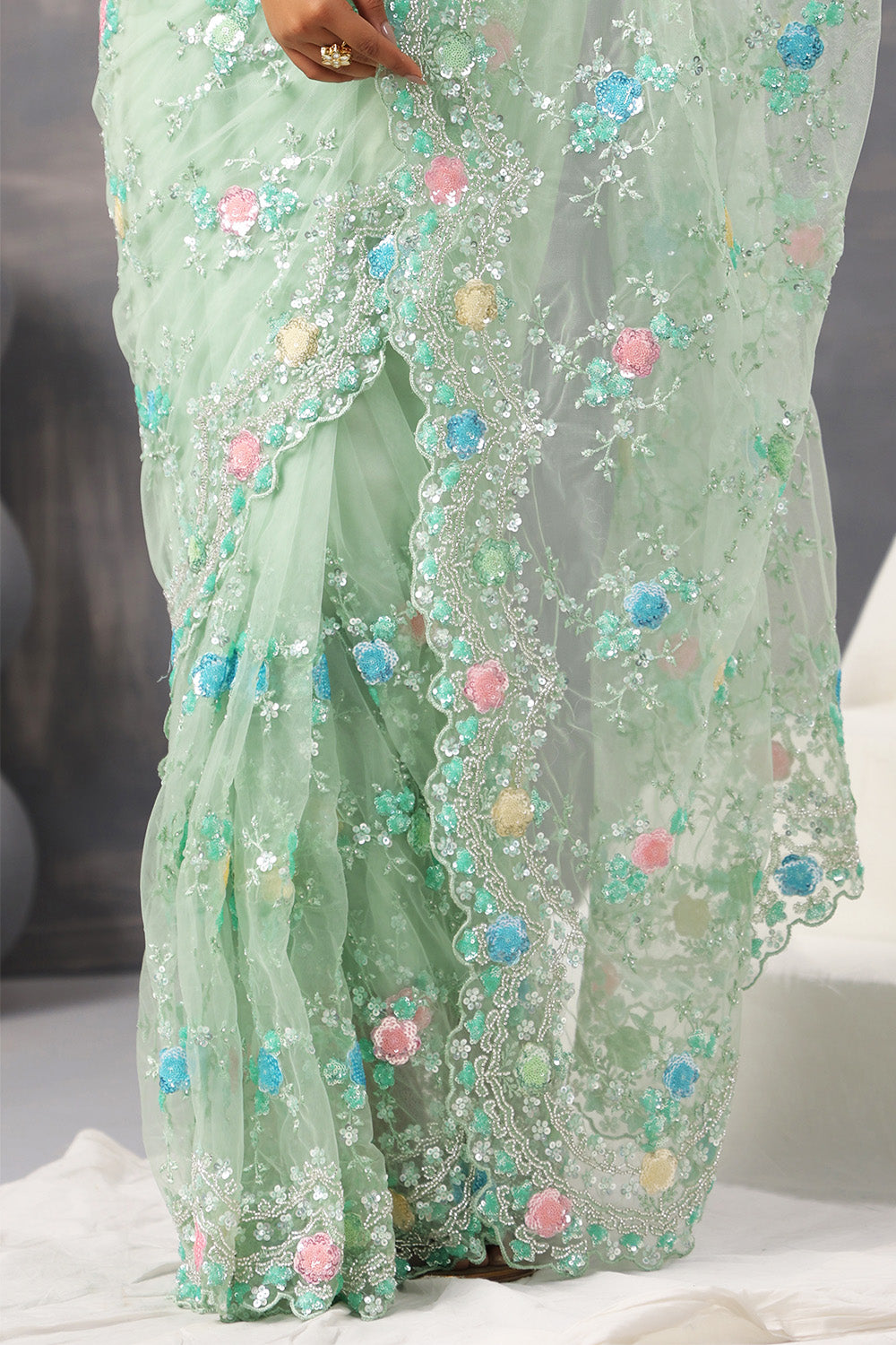 Seafoam Green Color Net Embroidered Saree