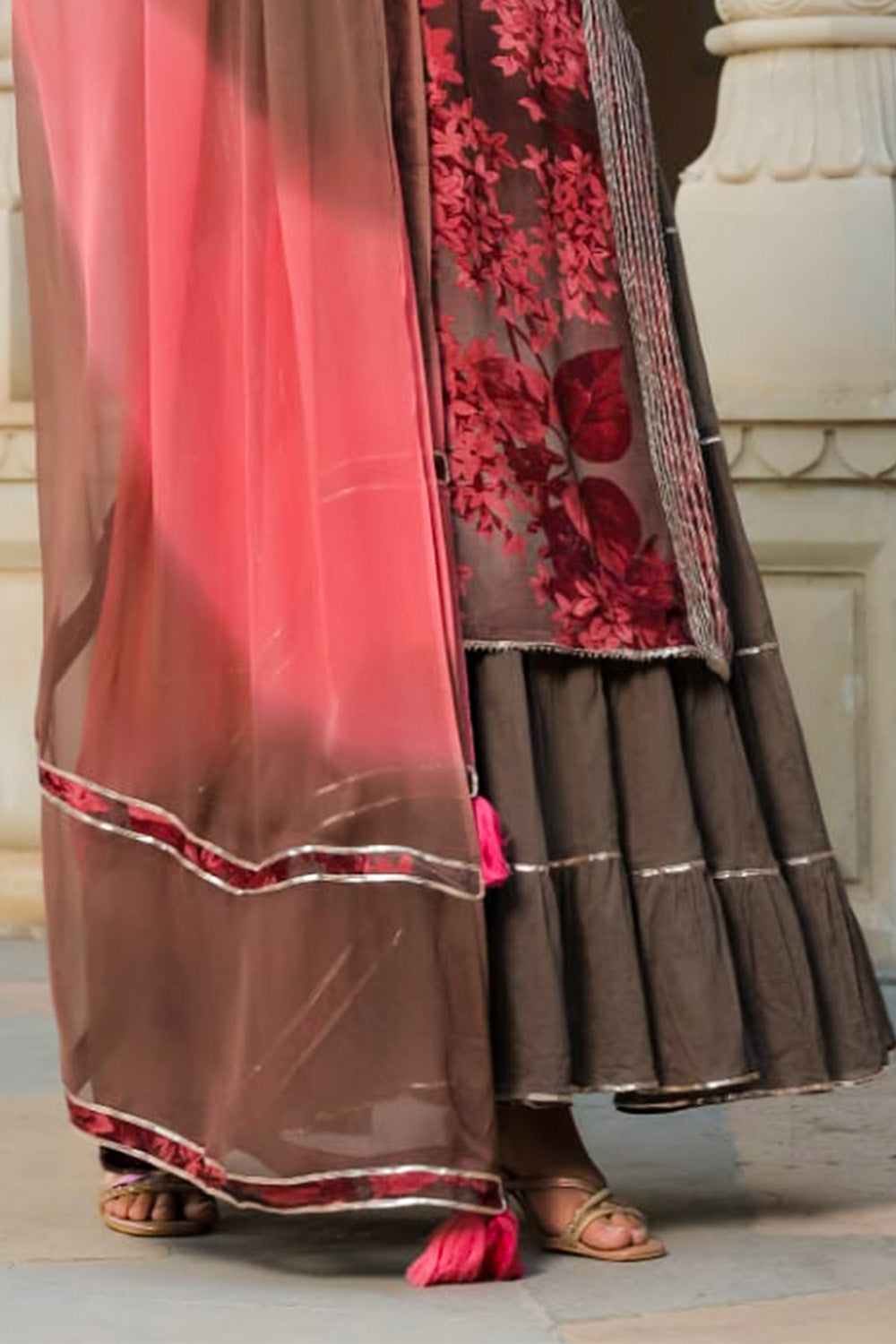 Brown Color Muslin Printed Kurta Set With Attached Skirt