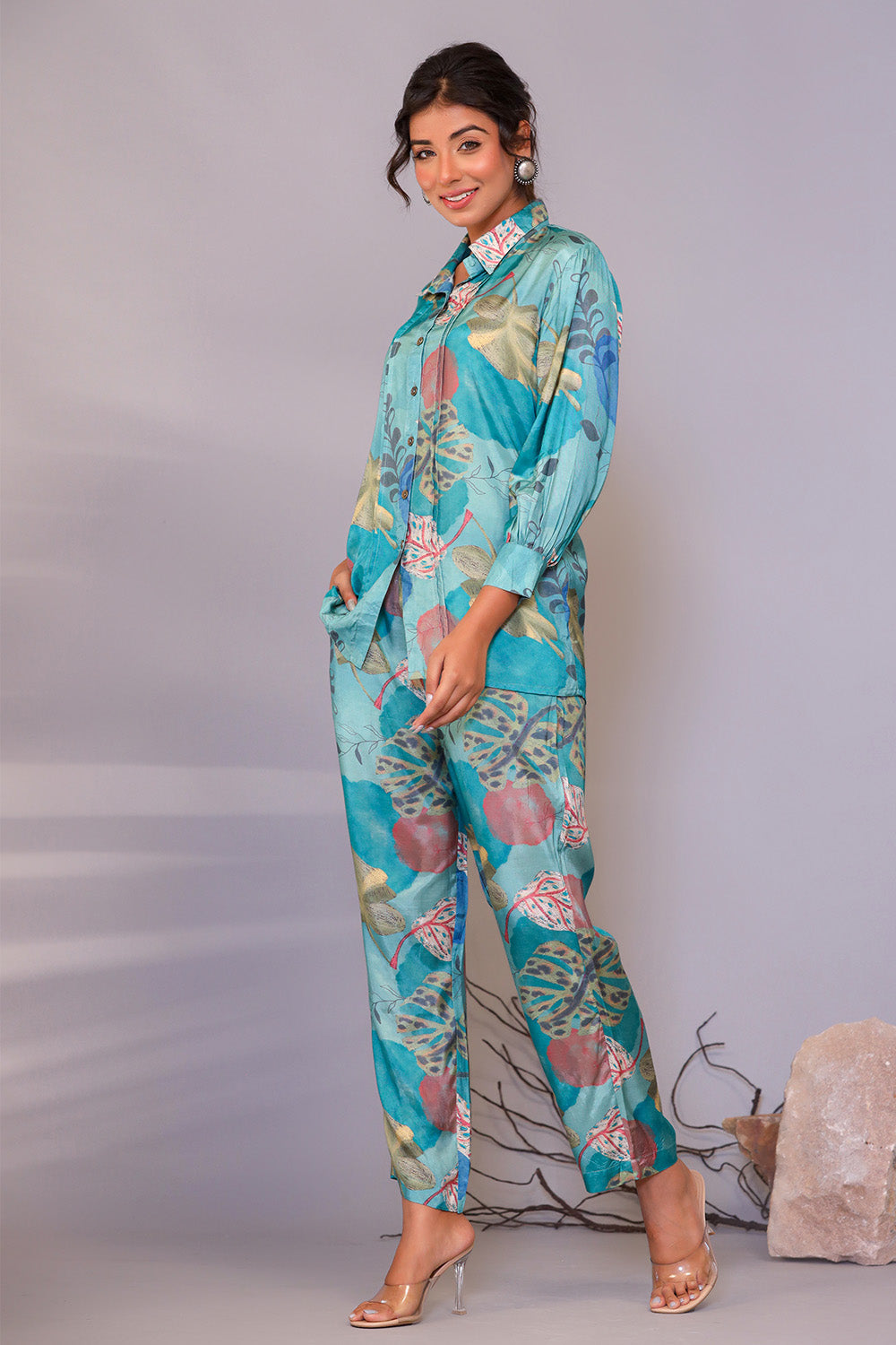Turquoise Color Muslin Floral Printed Co-Ord Dress
