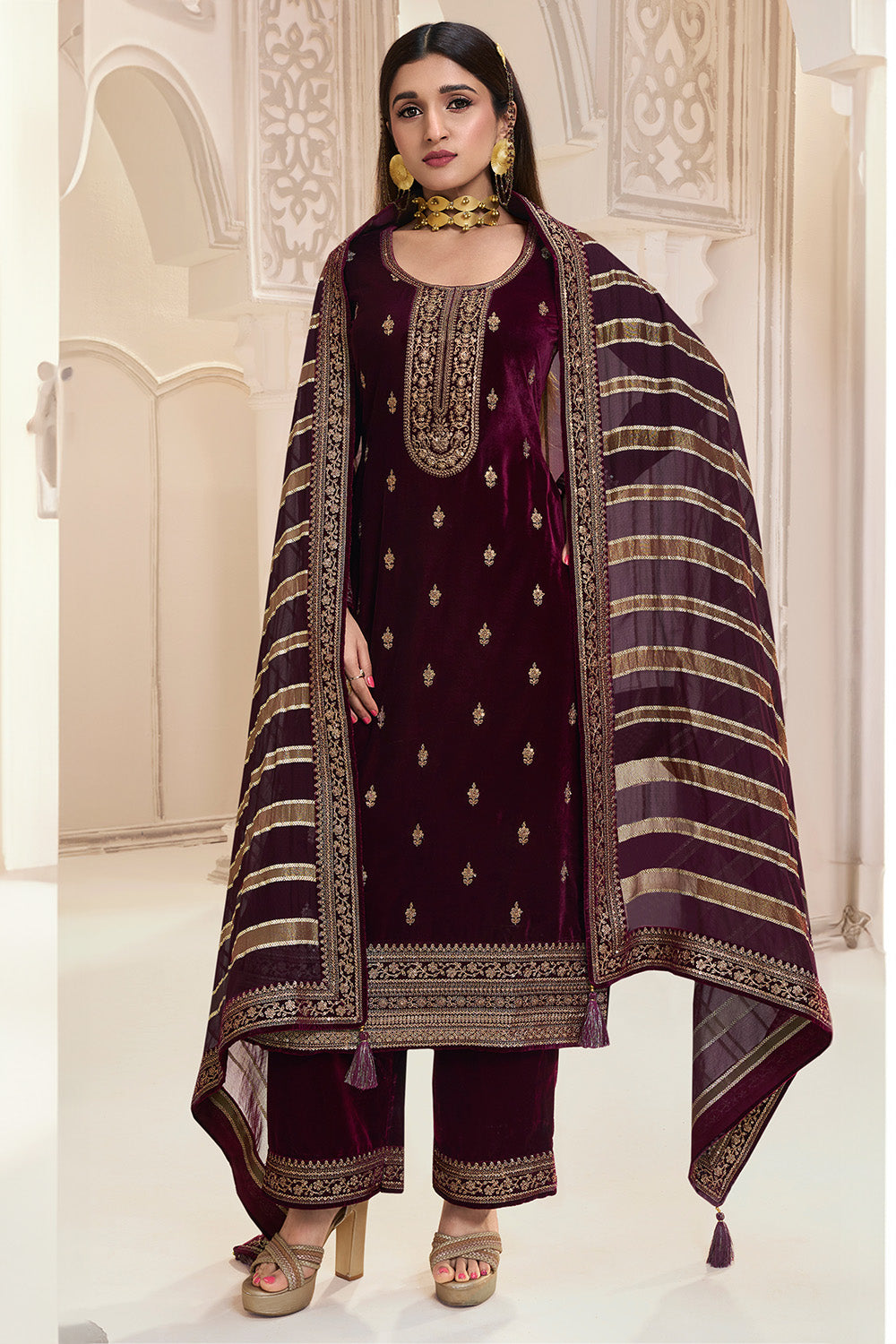 Maroon Color Embroidered Velvet Unstitched Suit Material