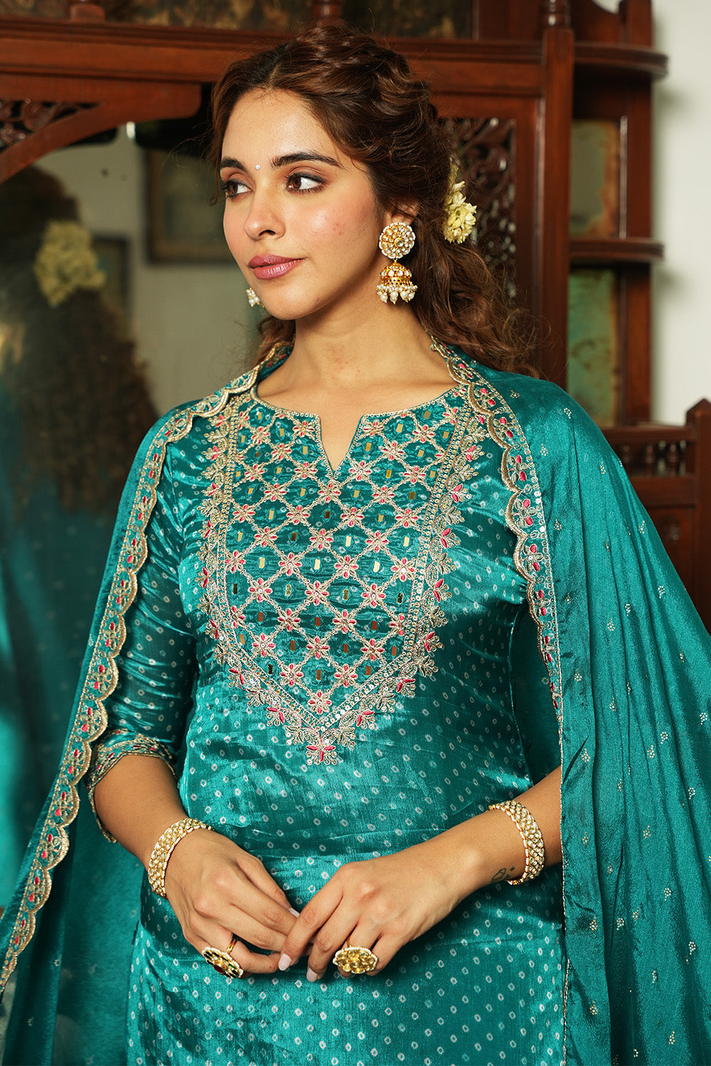 Teal Color Embroidered Crepe Straight Suit