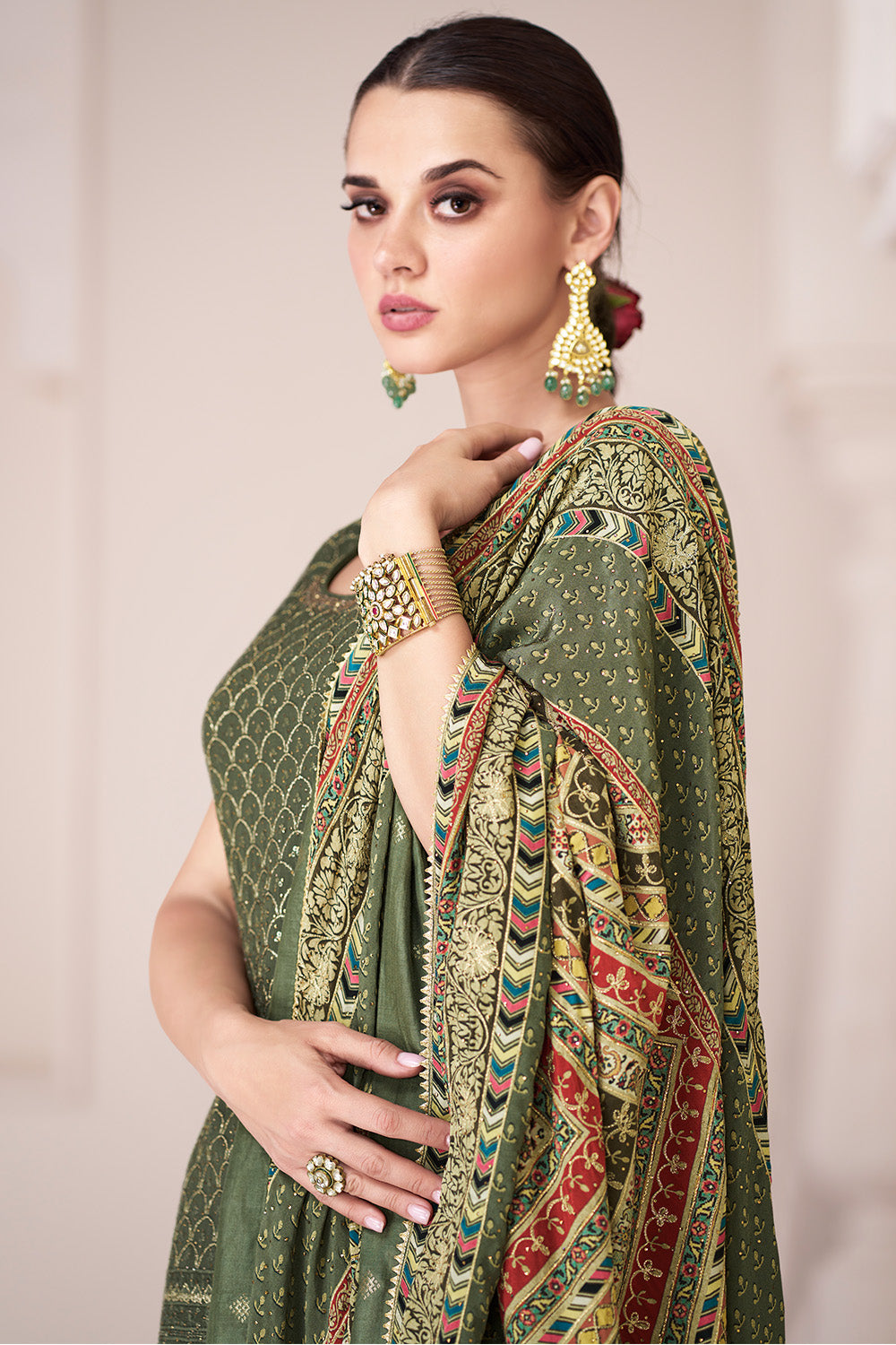 Green Color Sequins & Swarovski Embroidered Silk Peplum Gharara Suit