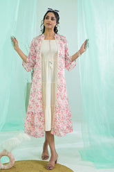 Cream & Pink Color Cotton Printed  Peonies Dress With Hakoba Style Long Jacket