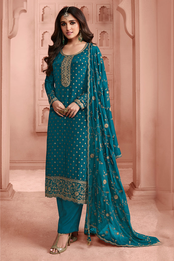 Blue Color Silk Embroidered Unstitched Suit Material