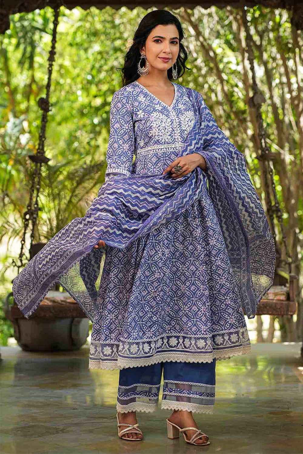 Blue Color Cotton Printed And Neck Embroidered Anarkali Suit