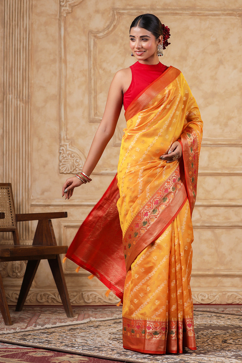 Mustard Color Organza Cotton Woven Saree