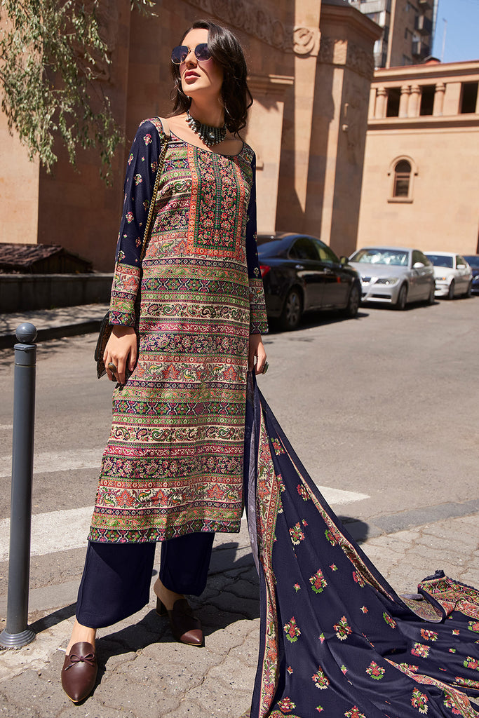 Navy Color Printed Spun Fabric Unstitched Suit