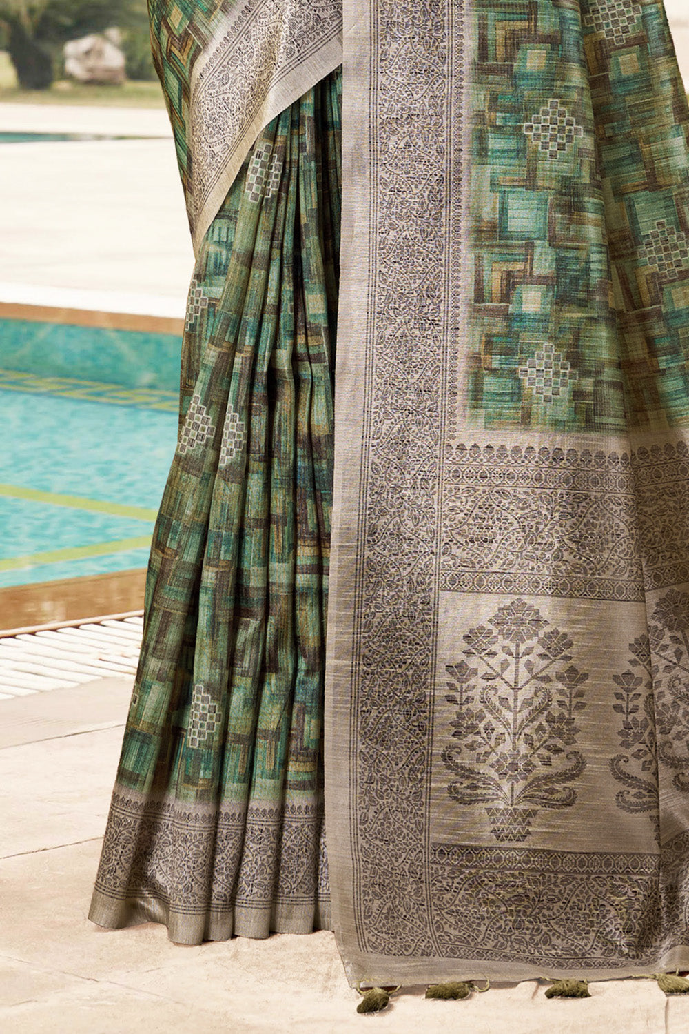 Beige & Green Color Cotton Silk Printed Saree