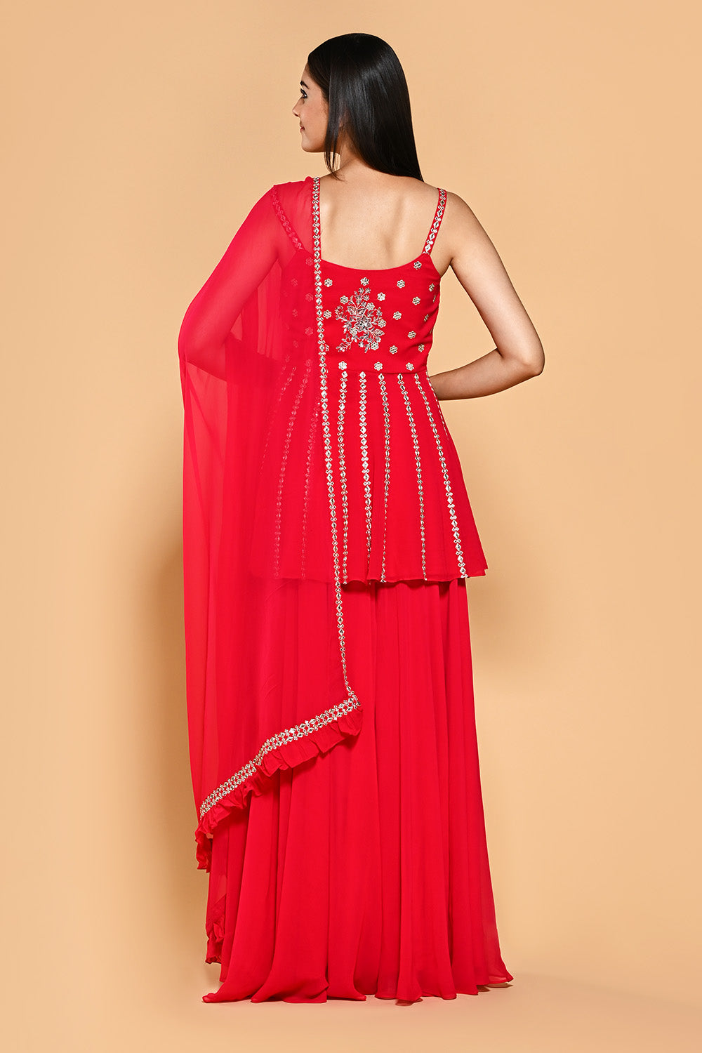 Red Color Embroidered Georgette Peplum Sharara Suit