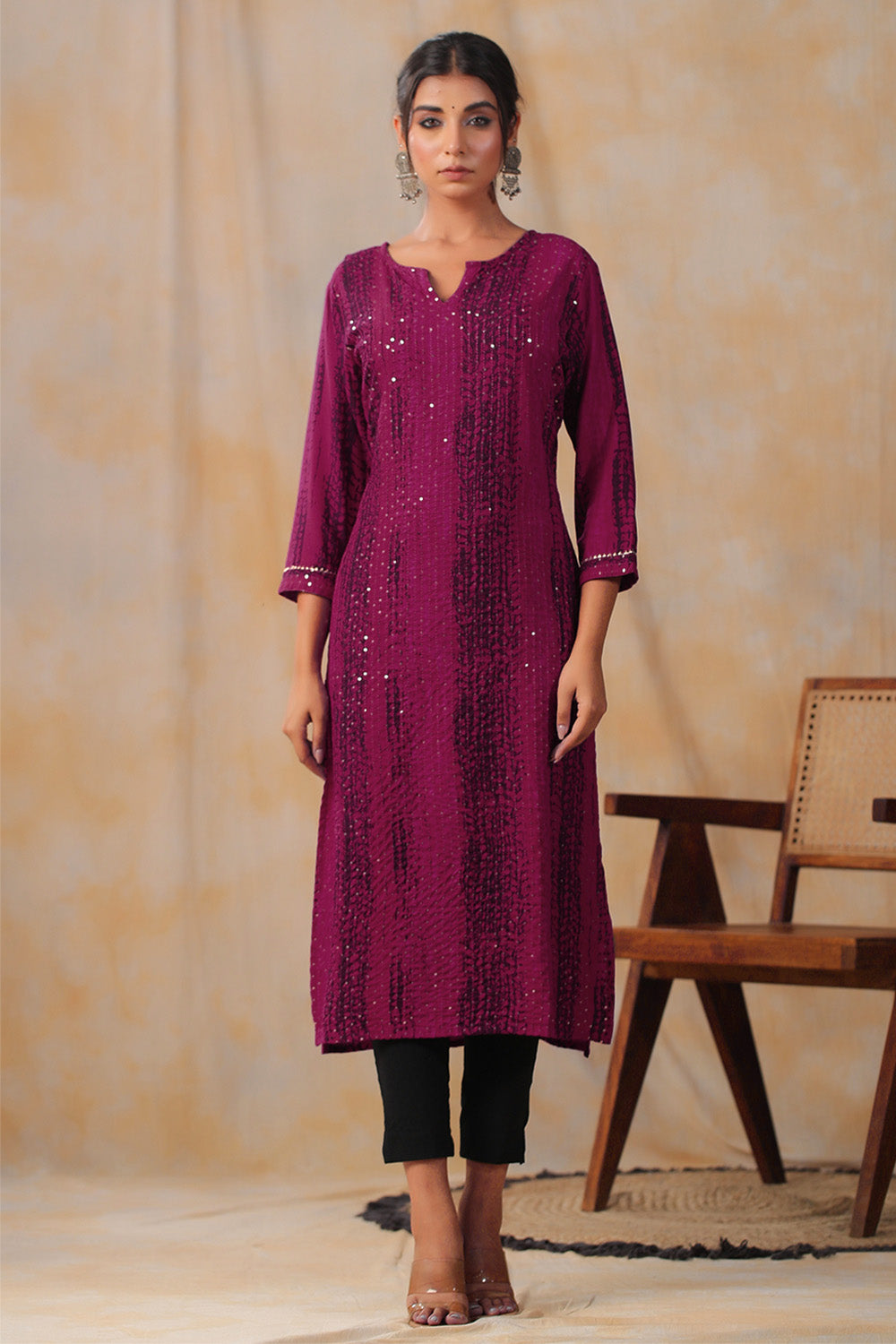 Dark Scarlet Color Cotton Shibori Print With Pintux Embroidery Kurti