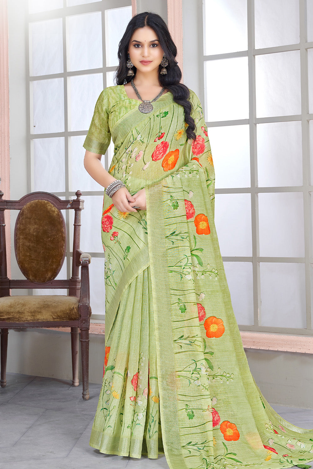 Green Color Cotton Printed Saree