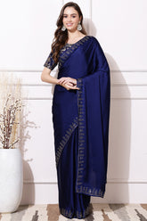 Navy Blue Color Satin Worked Satin Saree with Readymade Woven Blouse