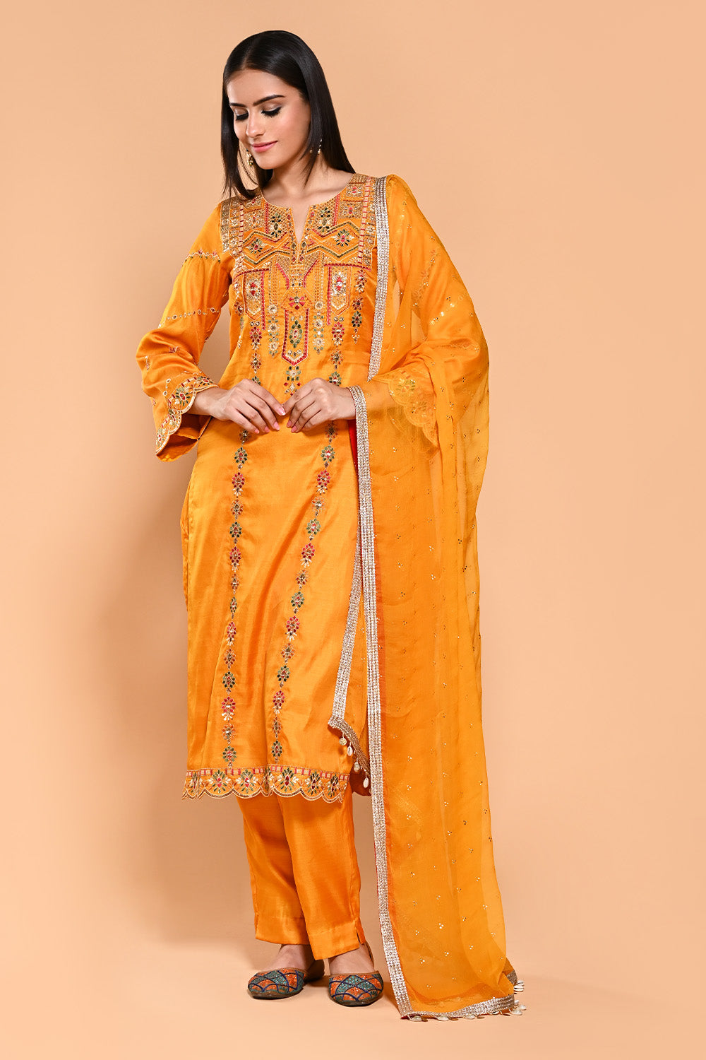 Mustard Color Dola Silk Resham & Zari Embroidered Suit