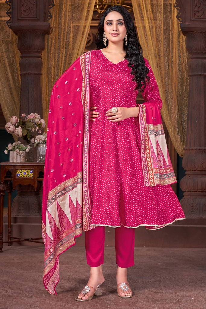 Fuchsia Pink Color Cotton Silk Bandhani Printed Anarkali Suit