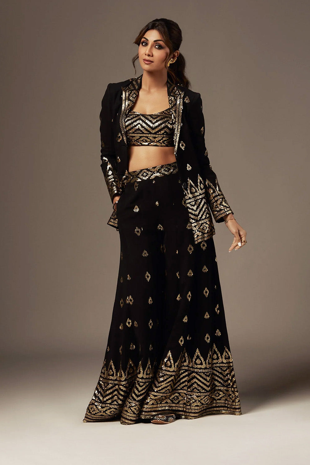 Black Color Georgette Embroidered Crop-Top palazzo Set With Shrug