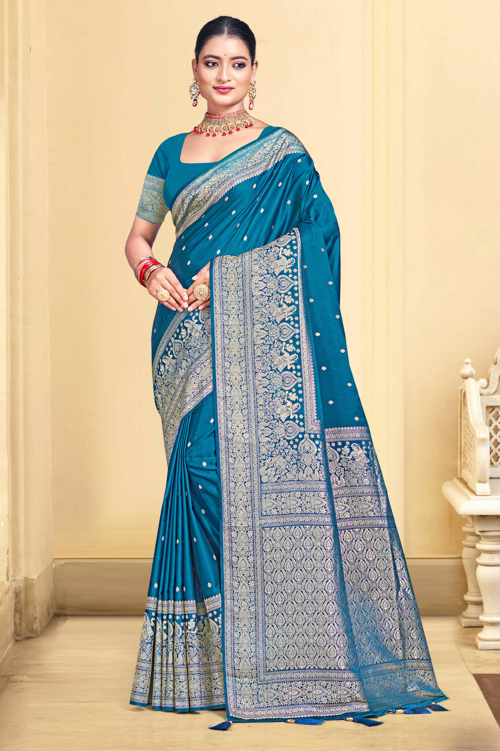 Peacock Blue Color Zari Woven Silk Saree