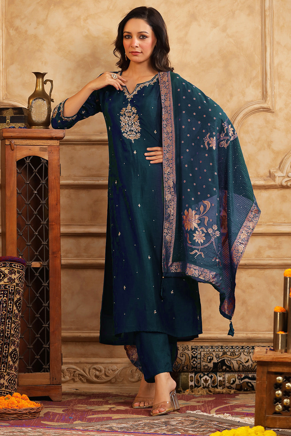 Teal Blue Color Silk Neck Embroidered Straight Suit