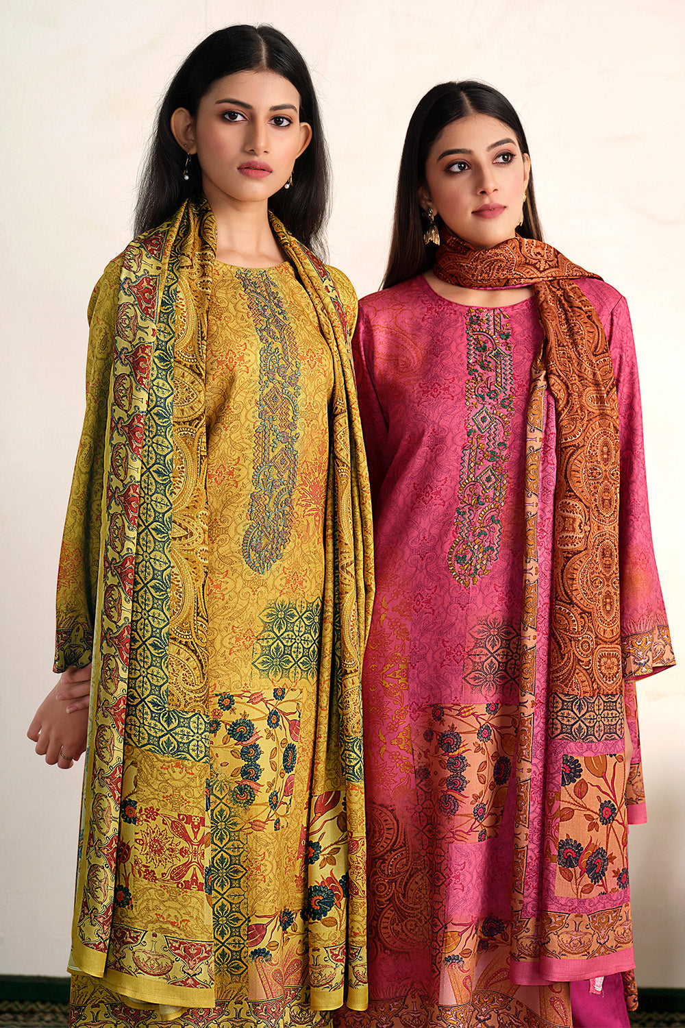 Deep Rose Color Spun Embroidered and Printed Unstitched Suit Material