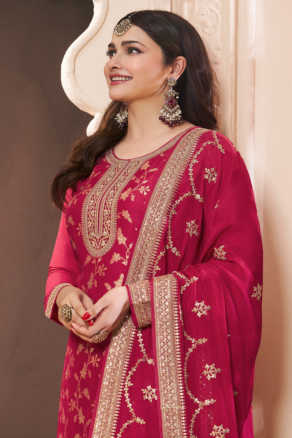 Fuchsia Pink Color Silk Woven and Embroidered Unstitched Suit Fabric