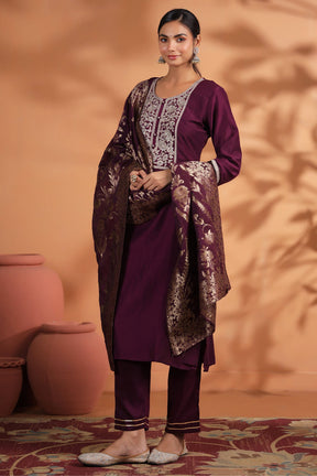 Dark Scarlet Color Neck Embroidered Tussar Silk Suit With Woven Dupatta