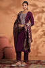 Dark Scarlet Color Neck Embroidered Tussar Silk Suit With Woven Dupatta