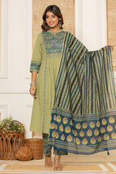 Sage Green Color Printed Cotton Anarkali Suit