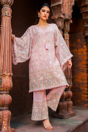 Rose Pink Color Georgette Mirror & Thread Embroidered Kurta Set