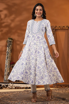 Cream & Lavender Color Floral Printed Cotton Anarkali Suit