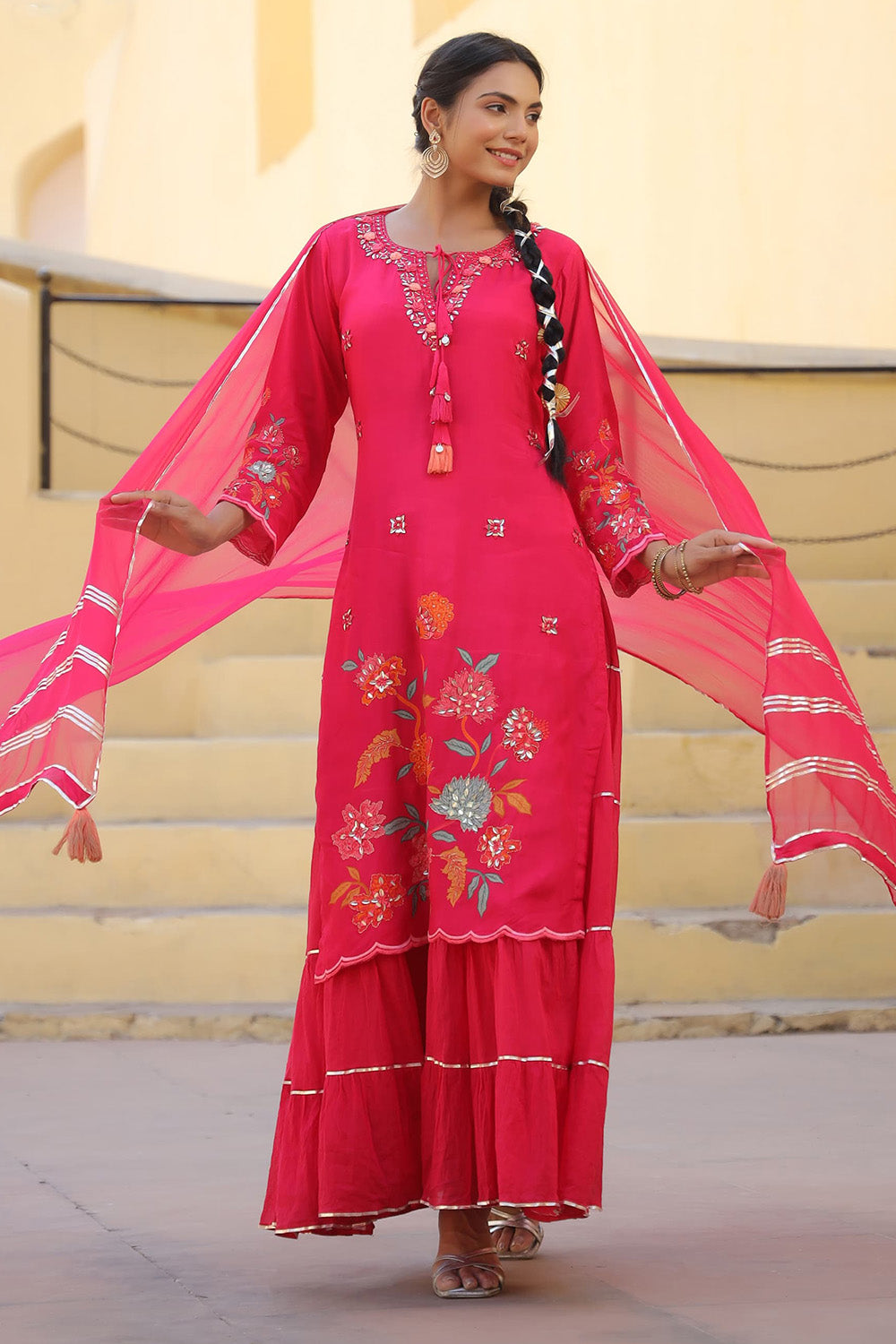 Hot Pink Color Muslin Embroidered & Floral Printed Kurta Set With Stitched Skirt