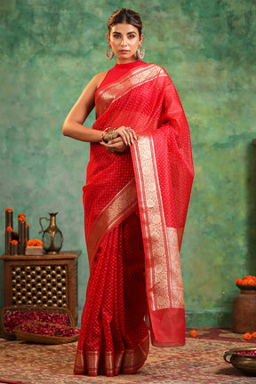 Red Color Woven Organza Silk Saree