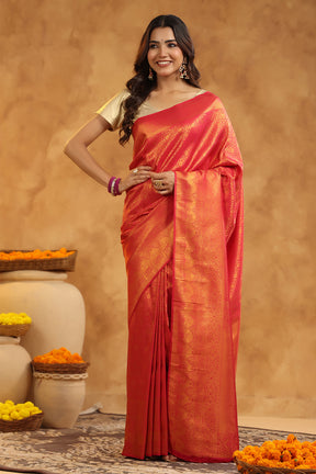 Deep Carmine Pink Color Silk Zari Woven Saree