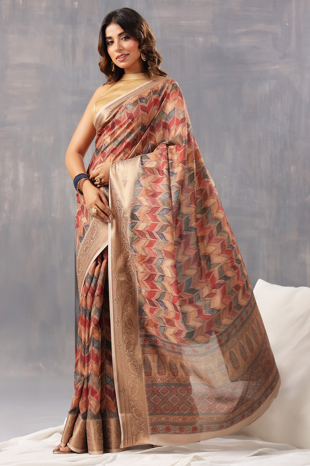 Brown Color Cotton Printed Saree