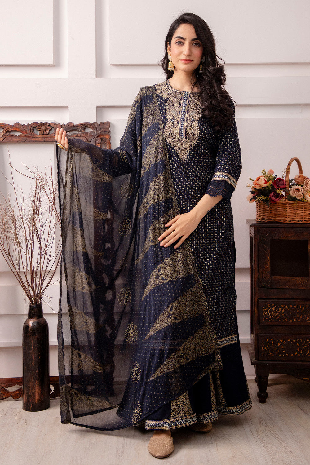 Navy Color Cotton Printed Sharara Suit